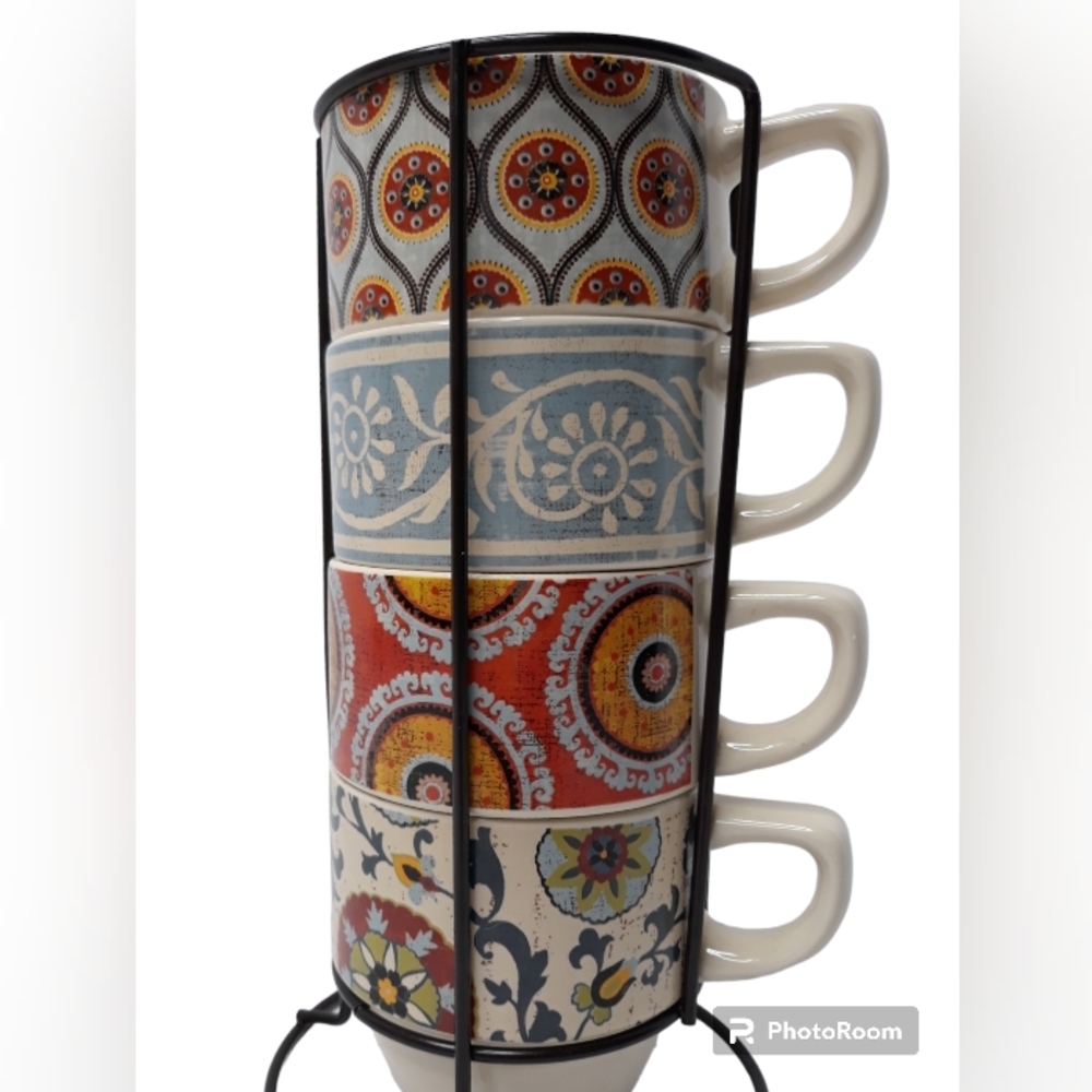 Pier 1 Geometric/Mediterranean Design Stacking Mugs in Matte Black Holder